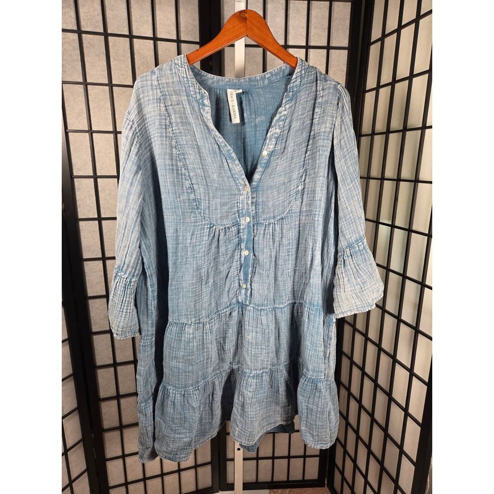 Grace + Karma Cottagecore Cotton Gauze Tiered Tunic Dress  1X Boho Ruffle Sleeve